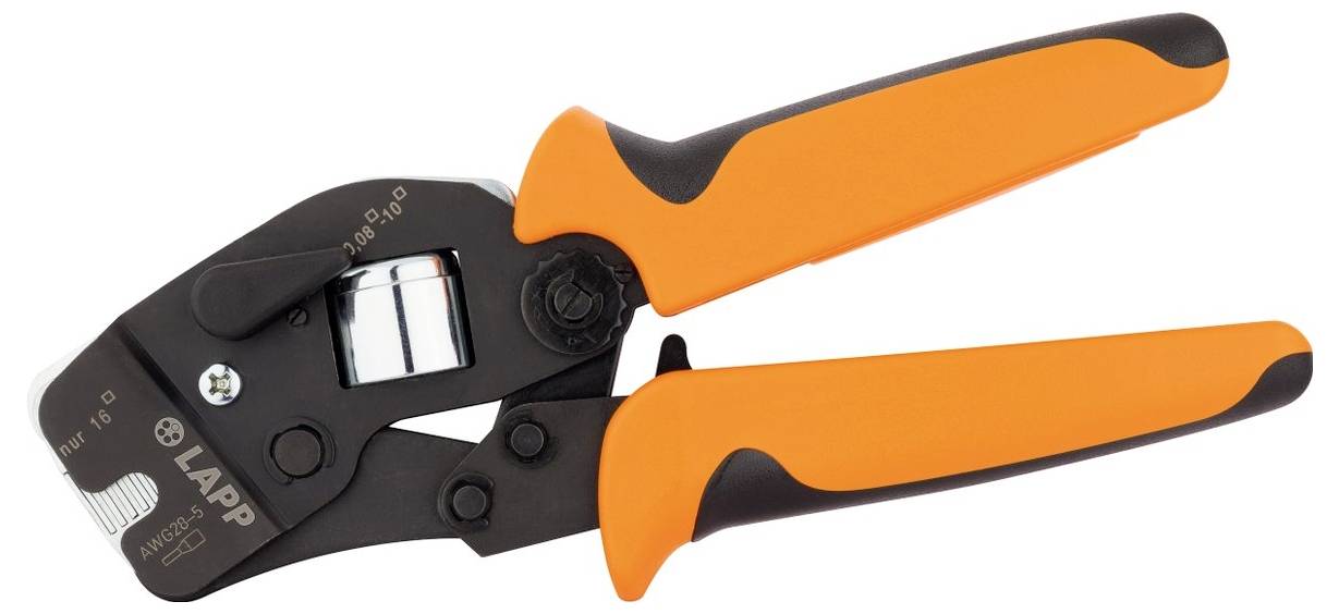 Pinza spelacavi manuale nero-arancione con impugnature in plastica, utilizzata per rimuovere l'isolamento dai cavi.