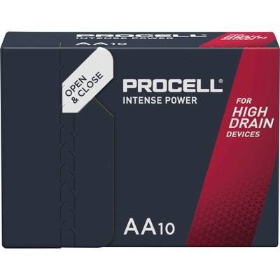 Confezione nera delle batterie AA10 di Procell, con angolo rosso. Testo: 'Intense Power', 'Per Dispositivi ad Alto Consumo', 'Apri e Chiudi'.