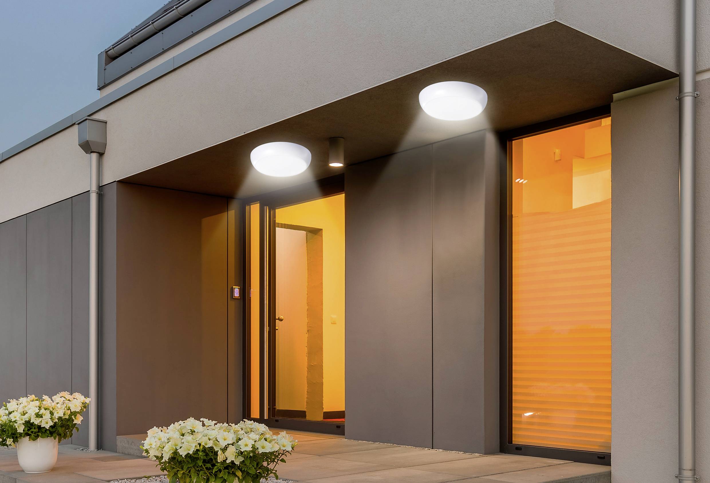 Un ingresso di un edificio moderno con porte illuminate, luci esterne che proiettano ombre, e vasi di fiori bianchi sul patio.