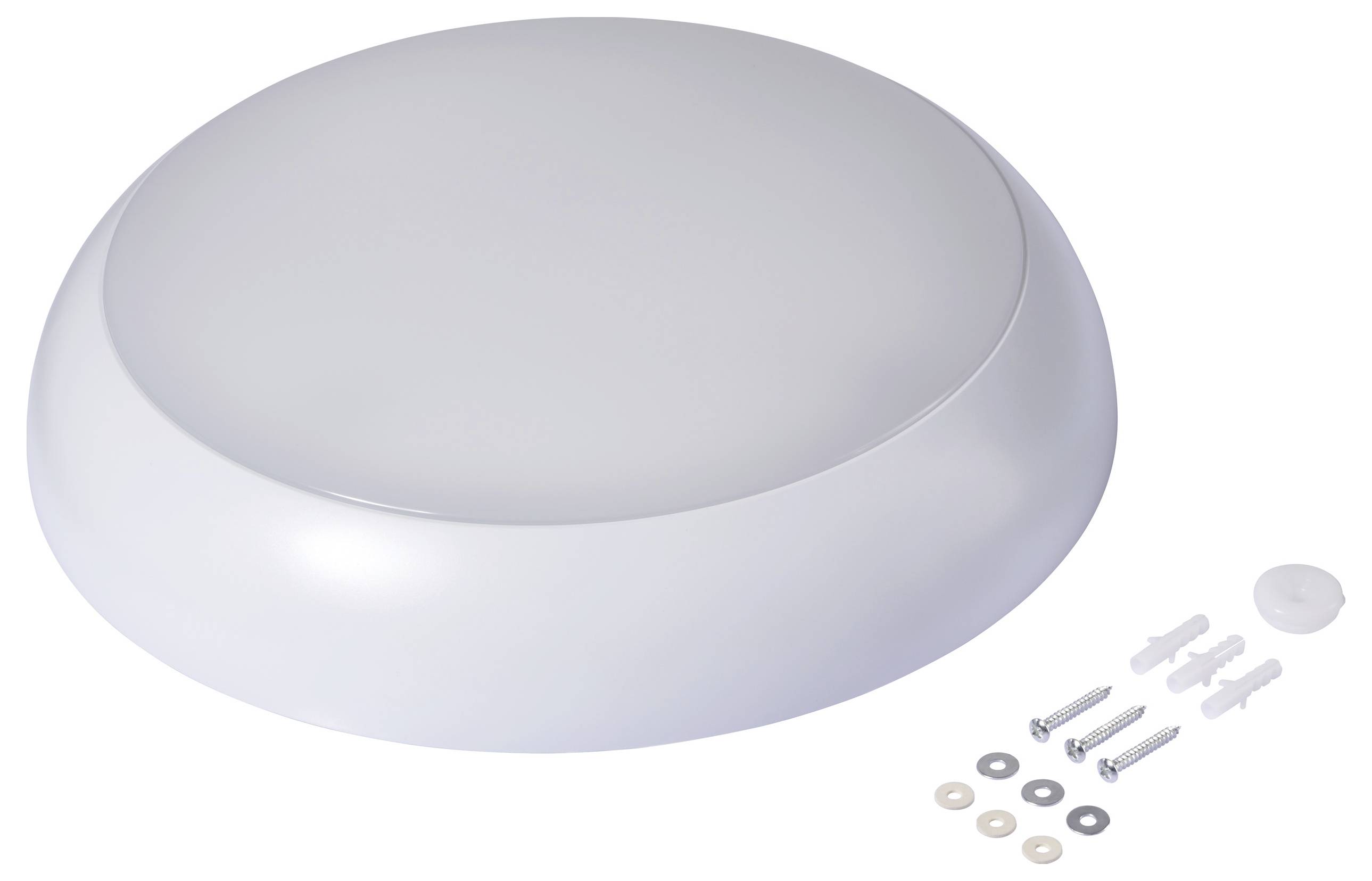 Plafoniera rotonda bianca con forma a cupola liscia, completa di viti di fissaggio e tasselli in plastica.