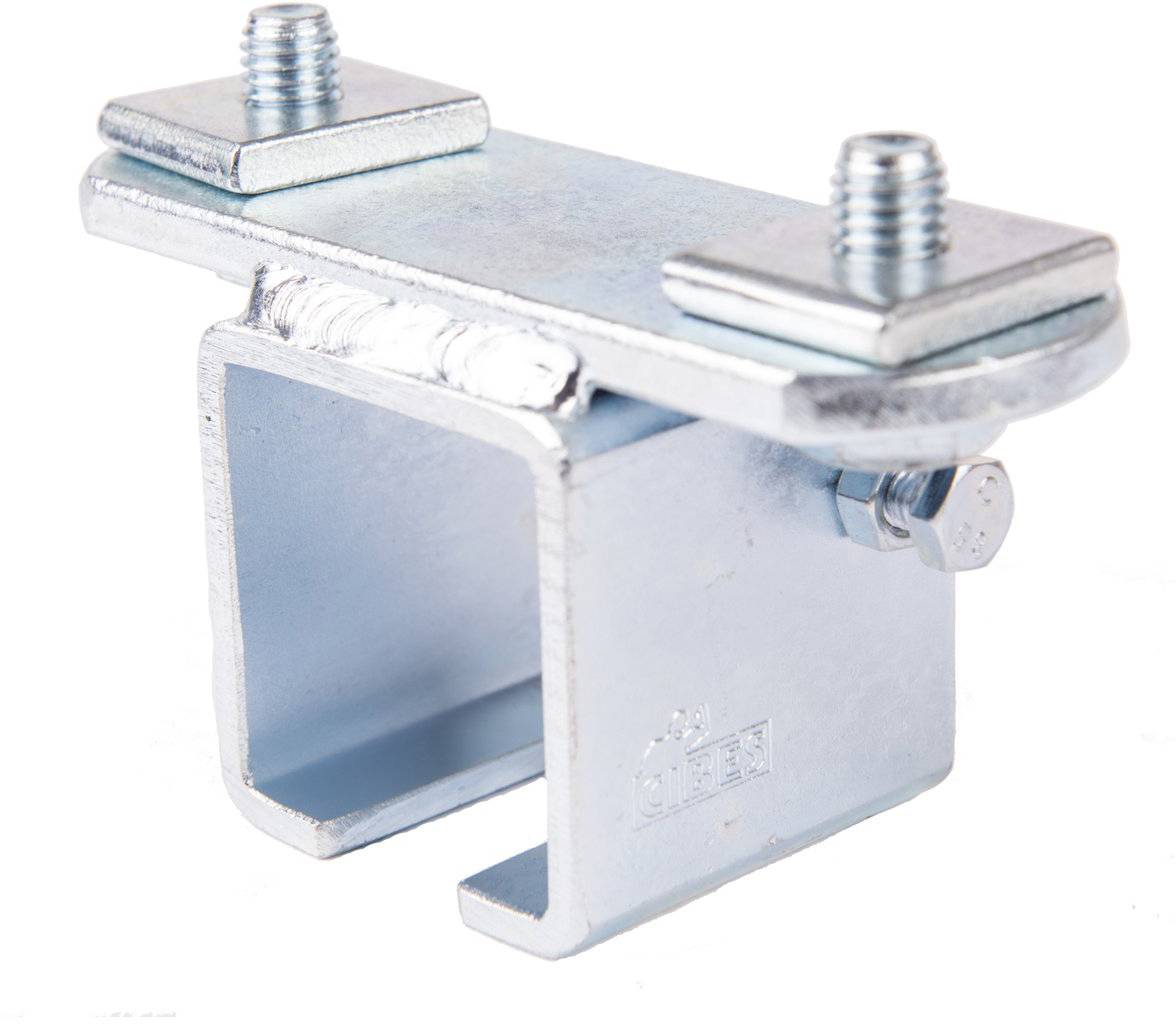 Morsetto metallico con profilo a U e due viti in alto per il fissaggio. Di colore argento, utilizzato per stabilizzare o fissare.