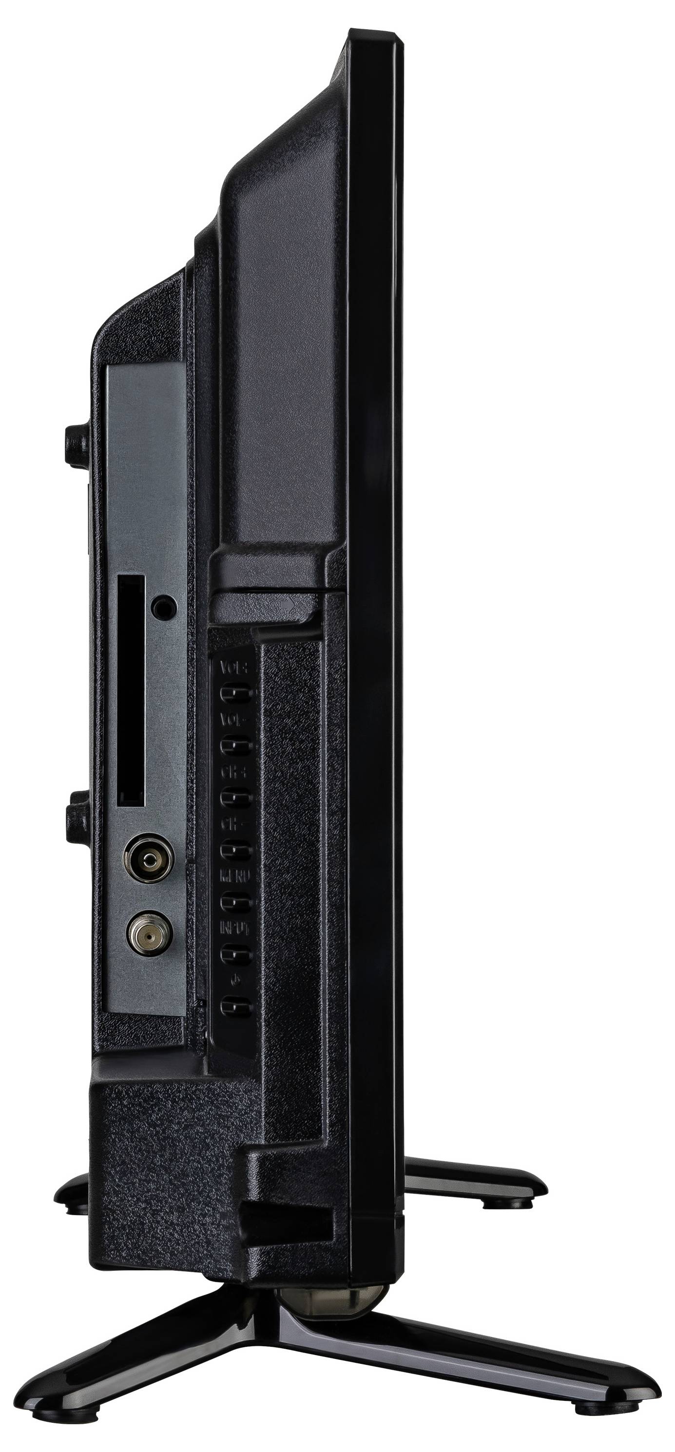 Vista laterale di un televisore a schermo piatto, che mostra il suo design sottile su un supporto doppio.