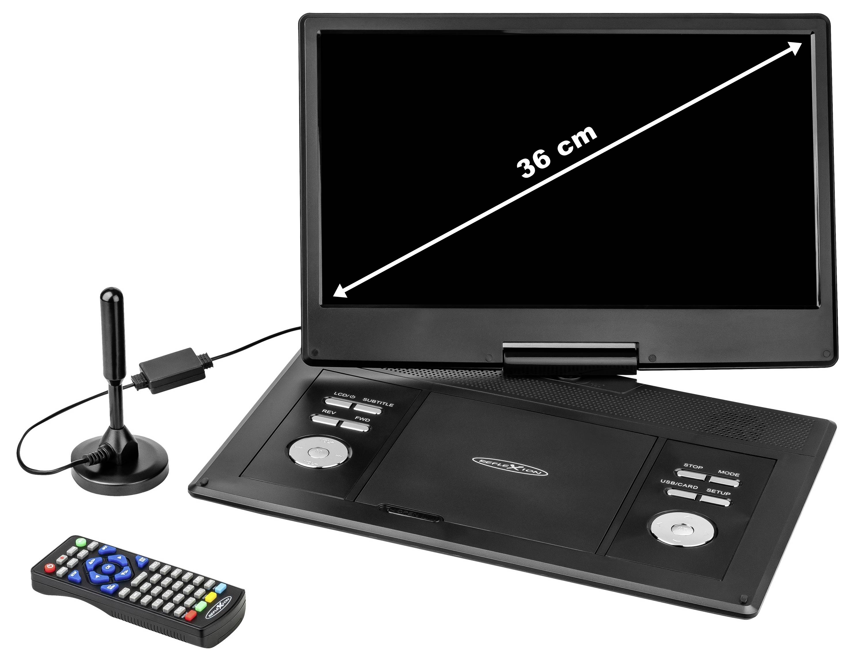 Lettore DVD portatile con schermo da 36 cm mostrato aperto con telecomando e antenna, che suggerisce un dispositivo compatto di riproduzione multimediale.