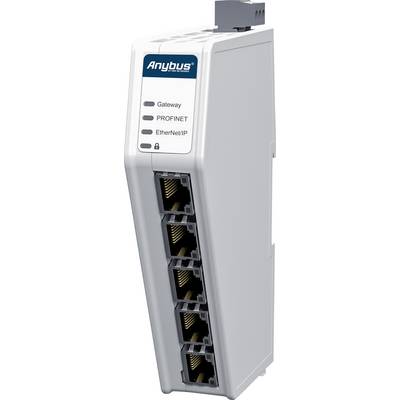 Modulo gateway industriale con cinque porte Ethernet, etichette: Gateway, PROFINET, EtherNet/IP, simbolo di lucchetto per la sicurezza.