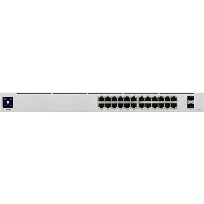 Switch di rete con 24 porte Ethernet e due porte uplink, gli indicatori mostrano le connessioni attive.