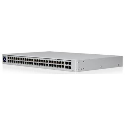 Un interruttore di rete in argento con 48 porte Ethernet, con spie di alimentazione sul lato sinistro, utilizzato per collegare più dispositivi in una rete.