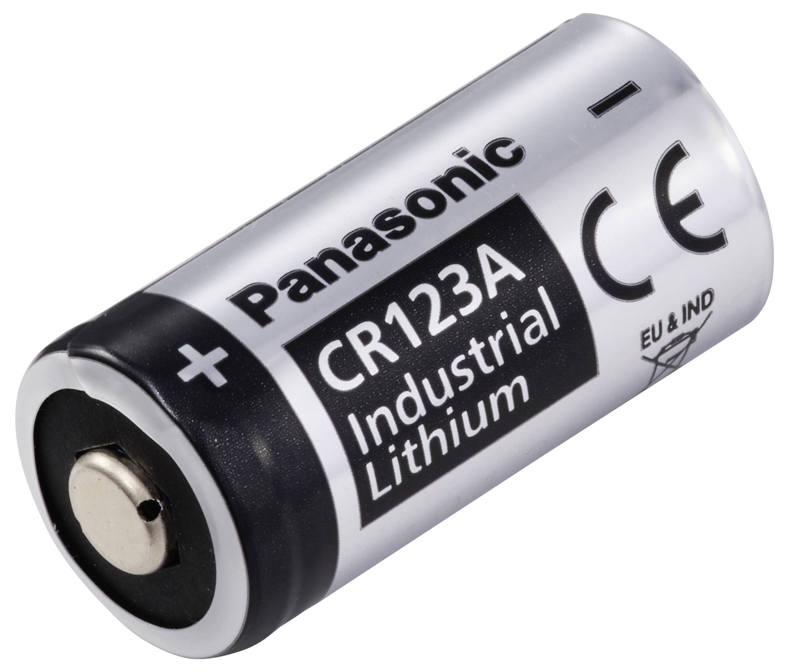 Batteria al litio CR123A di Panasonic, contrassegnata con 'Industrial Lithium' e marchio CE, cilindrica, idonea per applicazioni industriali.