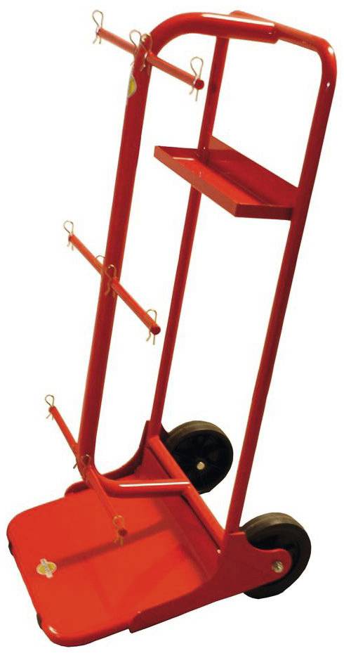 Un carrello rosso con gancio, adatto al trasporto di oggetti.