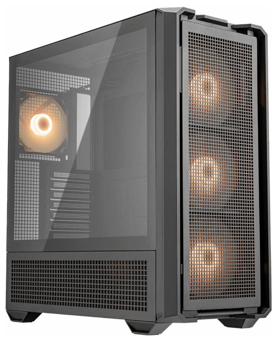 Case per PC con finestra laterale trasparente e tre ventole illuminanti sul lato frontale, adatto per hardware ad alte prestazioni.
