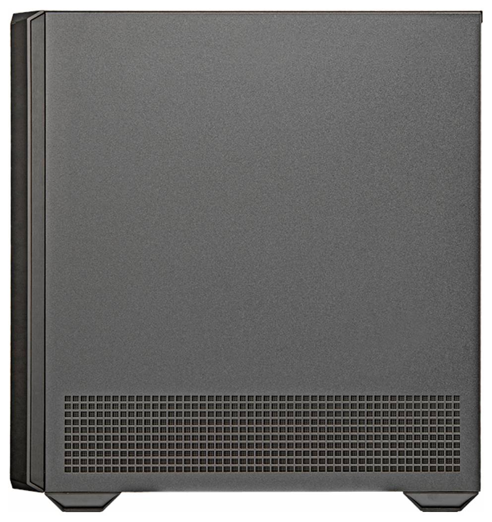 Un case per computer nero con fessure di ventilazione sul lato inferiore. È alto e rettangolare, dal design minimale.