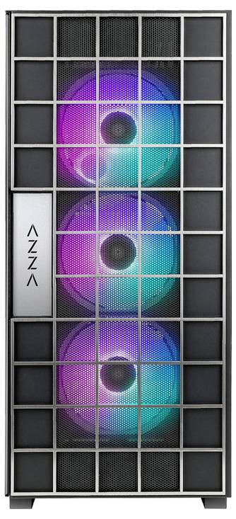Custodia per computer nera con tre grandi ventole RGB illuminanti sul davanti e il logo 'AZZA' sul lato sinistro.