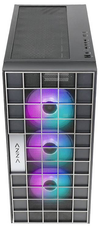 Un case per computer con un design a griglia frontale mostra tre ventole illuminate nei colori dell'arcobaleno.