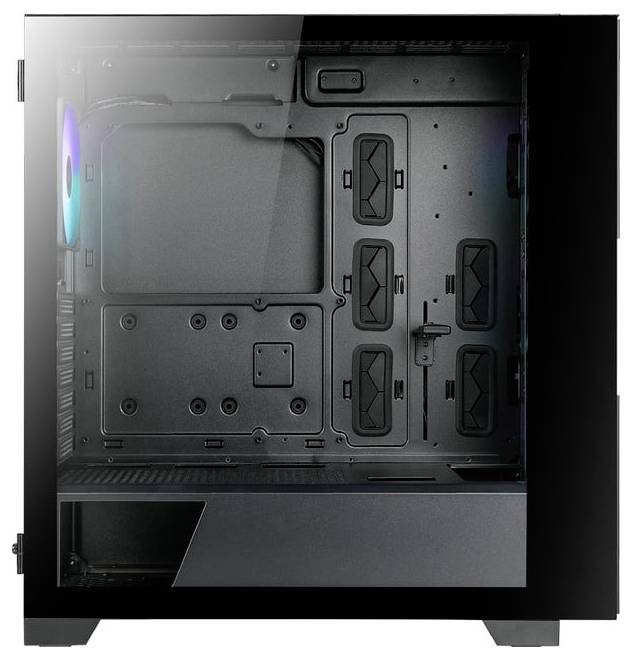 Case per computer con pannello laterale trasparente, che mostra lo spazio interno vuoto per l'installazione di componenti PC, illuminazione RGB in alto a sinistra.