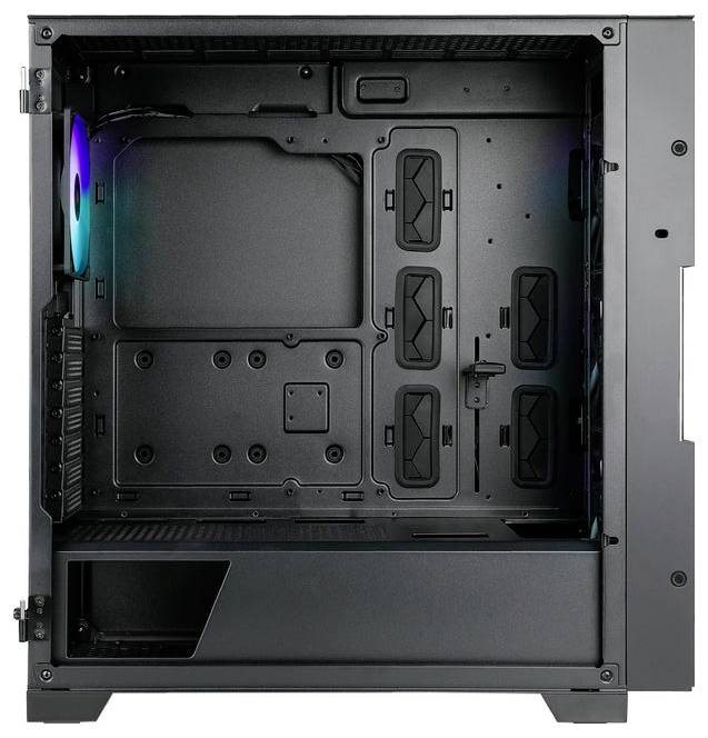 Case di computer aperto senza componenti, interno nero, mostra lo spazio per l'installazione dell'hardware. Ventola illuminata visibile in alto a sinistra.