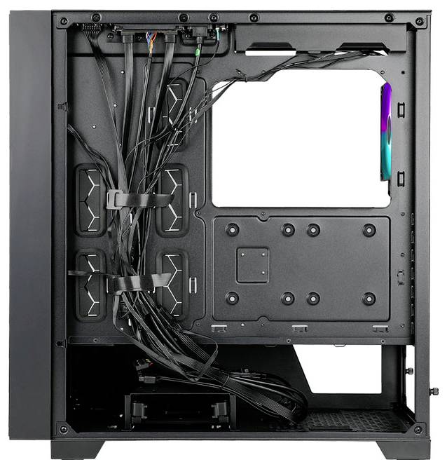 Case per PC con lati aperti, mostra la gestione dei cavi e i supporti. Nessun componente hardware installato.