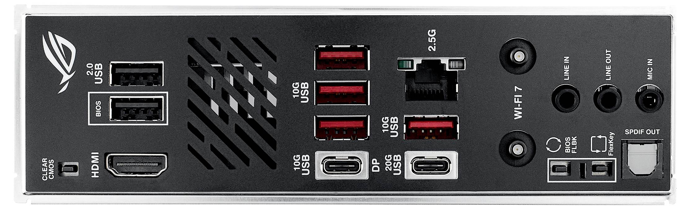 Il retro di una scheda madre per computer mostra diversi porte USB, HDMI, Ethernet, porte audio e un pulsante Wi-Fi.