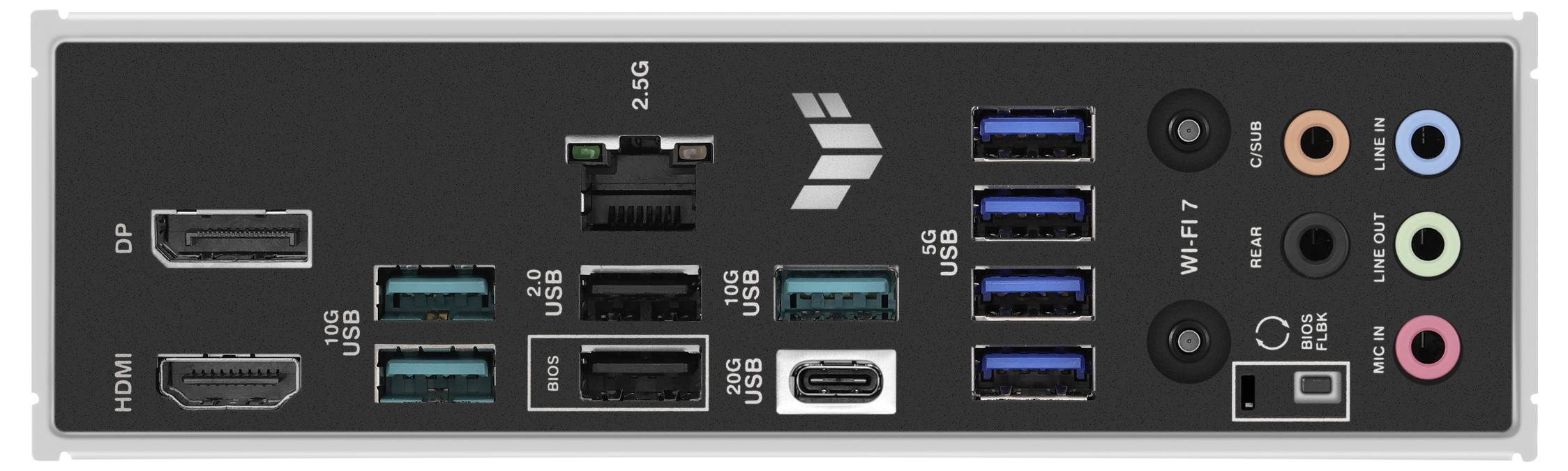 Retro di una scheda madre di un PC con vari connettori: HDMI, DP, USB, LAN, ingressi audio e modulo WiFi.