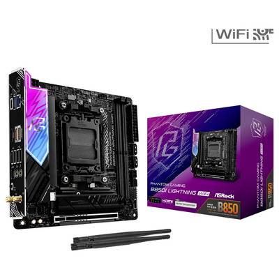 Scheda madre ASRock B650I Lightning WiFi con confezione, mostra design RGB, porte USB, HDMI, DisplayPort e antenne incluse.
