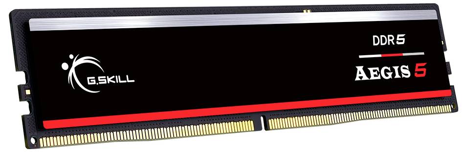 Una barra di RAM DDR5 con design nero e rosso, con il logo G.SKILL al centro e la scritta 'AEGIS 5'.
