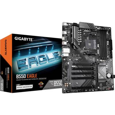 Scheda madre 'GIGABYTE B550 EAGLE' accanto alla confezione. Adatta per CPU AMD Ryzen, con interfacce PCIe 4.0 per prestazioni migliorate.