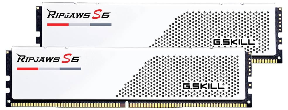Due moduli di RAM G.SKILL Ripjaws S5 con involucro bianco e motivo a punti neri, adatti per configurazioni PC ad alte prestazioni.