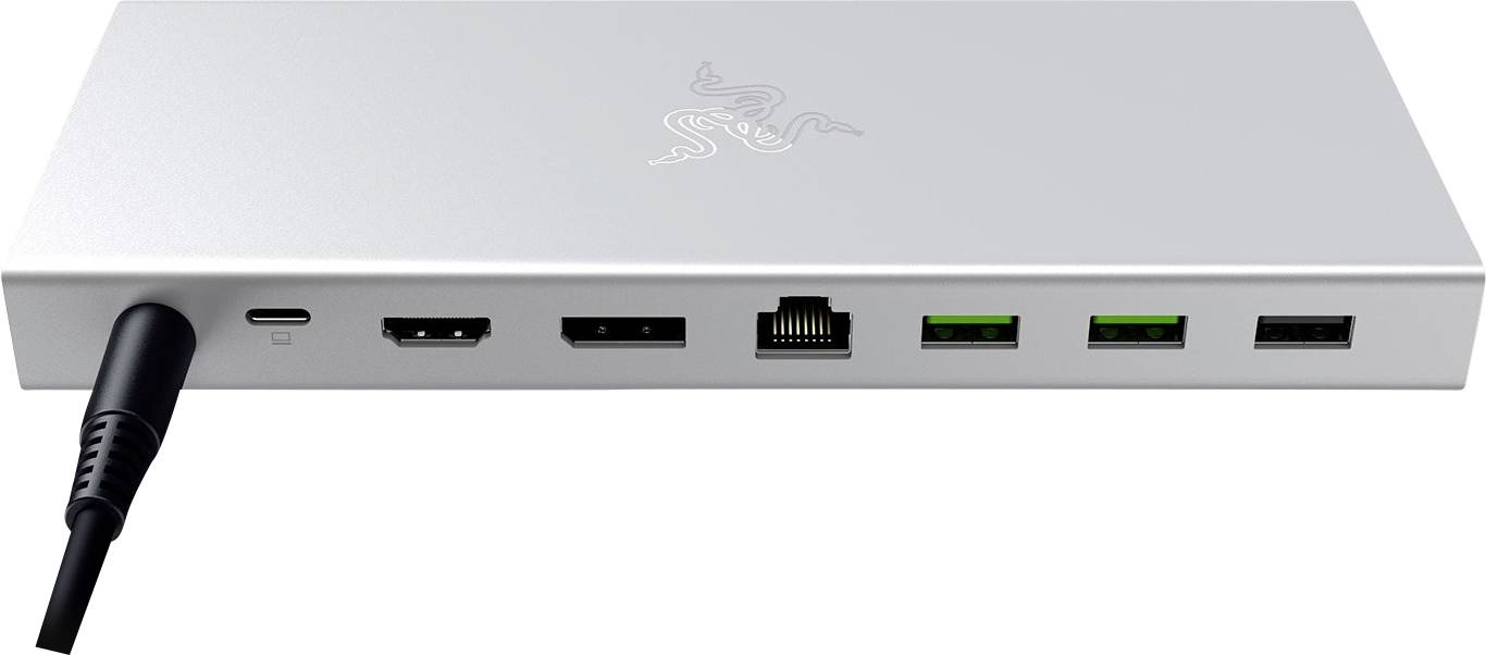 Un dock argentato con diverse porte, tra cui USB-C, HDMI, Ethernet e USB-A, collegato a un cavo sulla sinistra.