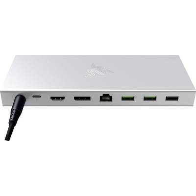 Un dock argentato con diverse porte, tra cui USB-C, HDMI, Ethernet e USB-A, collegato a un cavo sulla sinistra.