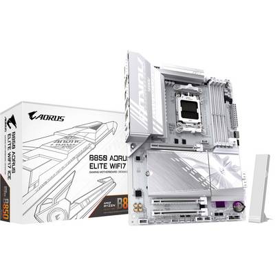 L'immagine mostra una scheda madre 'B550 AORUS ELITE WIFI' accanto alla sua confezione. È una scheda madre da gaming con socket AM4.