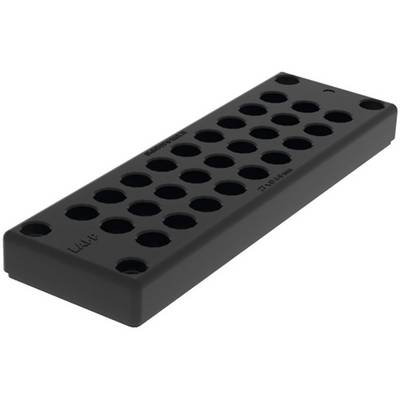 Un blocco nero in plastica con più aperture circolari disposte a reticolo, probabilmente destinato a utilizzi di laboratorio o come supporto per campioni.