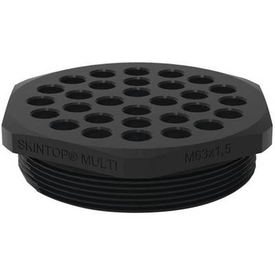 Elemento di fissaggio per cavi rotondo, nero, con più fori per il passaggio dei cavi. Iscrizione: 'SKINTOP® MULTI M63x1,5'.