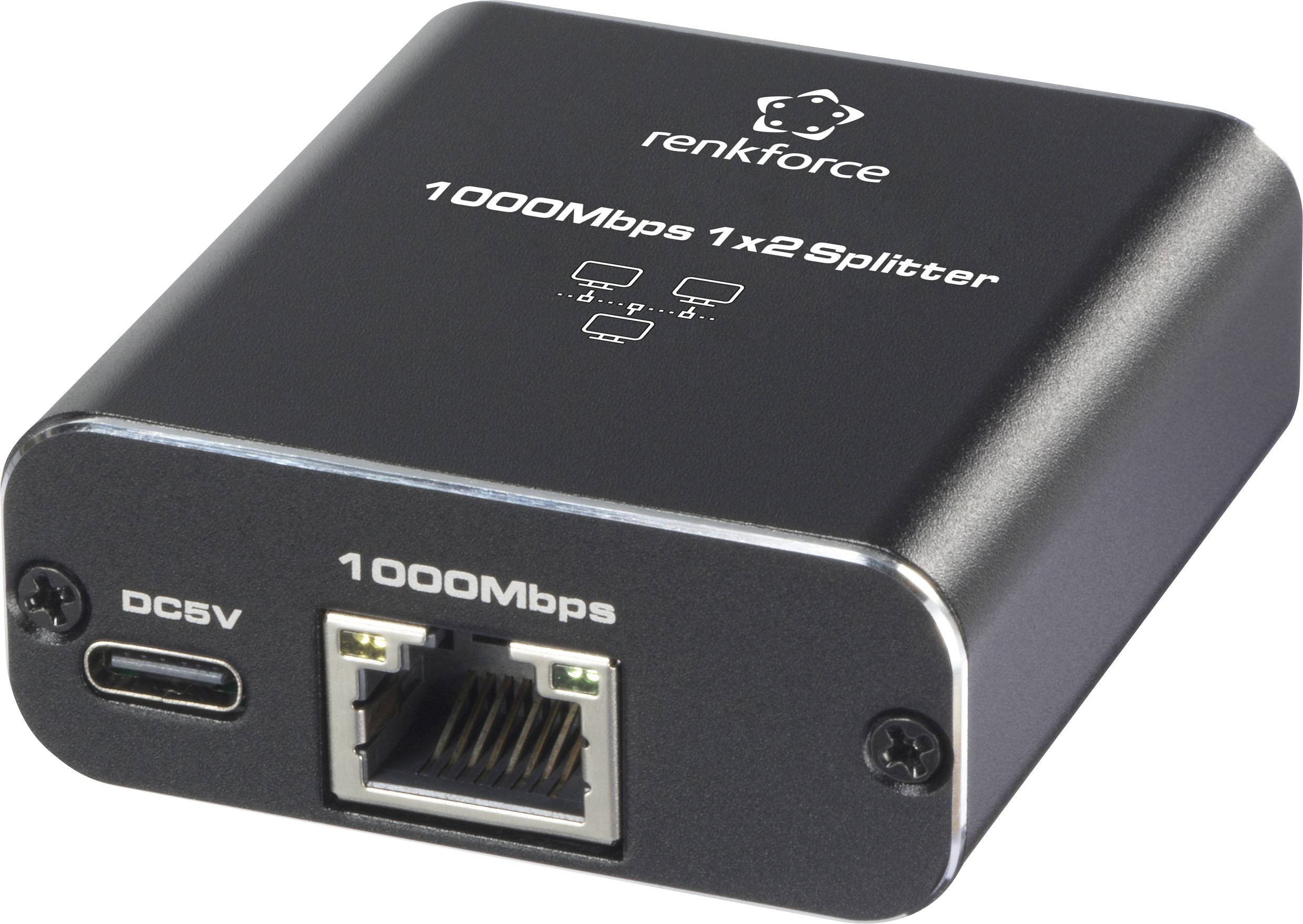 Un divisore di rete nero Renkforce con la scritta '1000Mbps 1x2 Splitter', con connessioni Ethernet e alimentazione visibili.