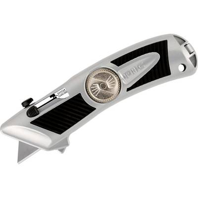 Un coltello di sicurezza argentato con design ergonomico e impugnatura nera.