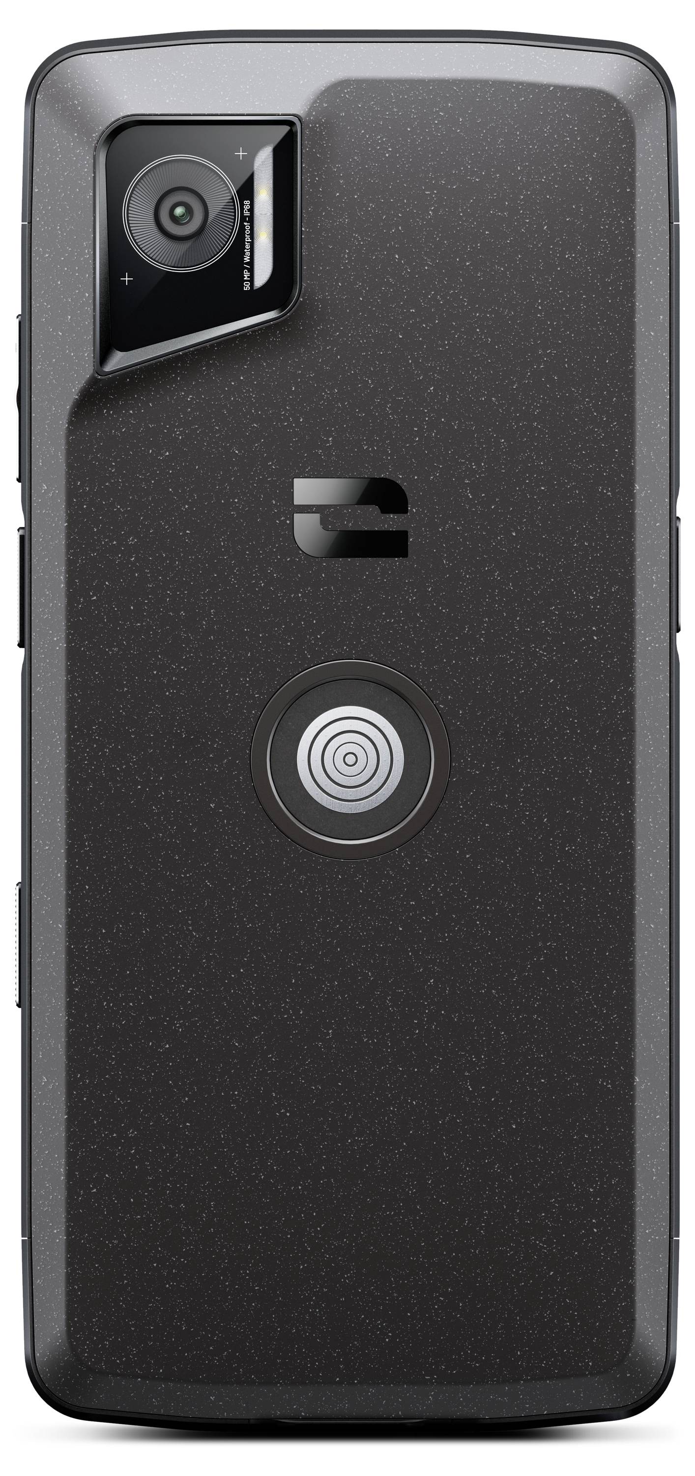 Un telefono nero visto dal retro. Sono visibili la fotocamera in alto a sinistra e un sensore circolare al centro.