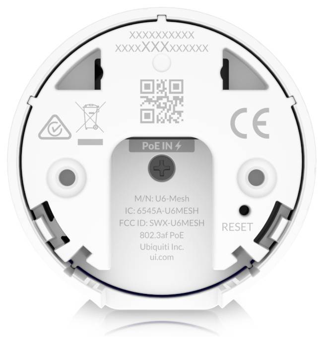 Retro di un dispositivo rotondo con connessioni e simboli. Codice QR e numero di modello sono visibili. Nome del marchio 'Ubiquiti'.