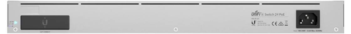 Retro di uno switch UniFi con connessione di rete e interruttore, logo del marchio e specifiche tecniche.