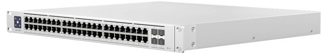 Switch di rete con 48 porte Ethernet e quattro porte SFP, alloggiato in un involucro metallico argentato.