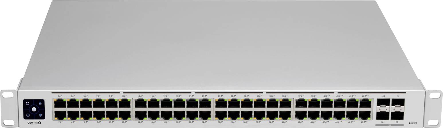 Un switch di rete con 48 porte Ethernet, idoneo per l'installazione in un rack server, mostra LED per l'indicazione dello stato sopra le porte.