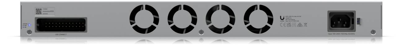 Retro di un dispositivo di rete con griglie di ventilazione, presa di corrente e diversi connettori.