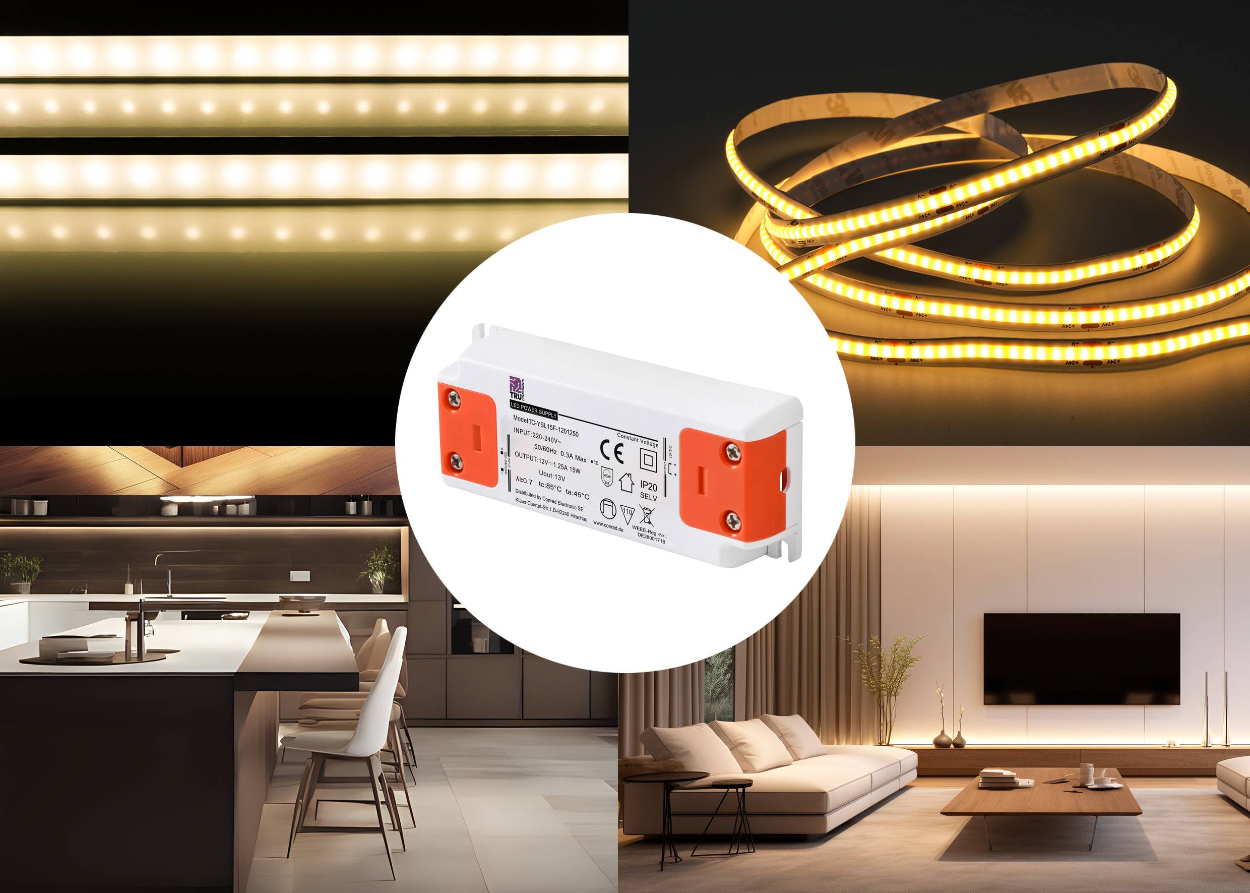 Un collage con strisce LED e un controller: strisce luminose LED in bianco caldo e bianco neutro, utilizzate in spazi abitativi moderni e in cucina.