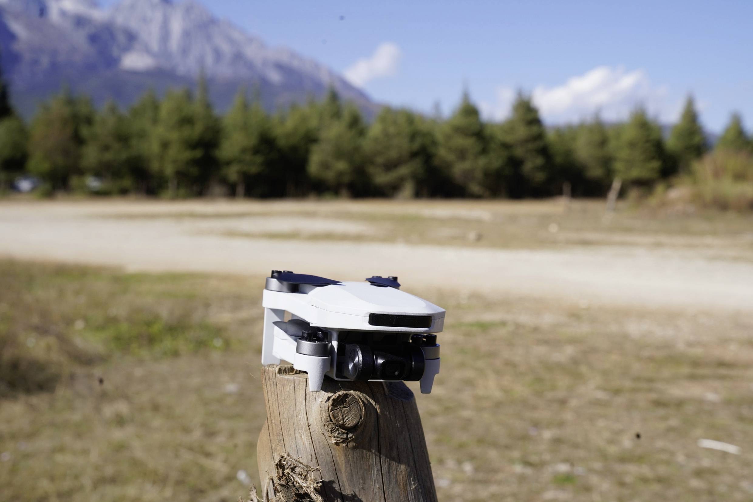 Un piccolo drone bianco è seduto su un palo di legno in un paesaggio boschivo con montagne sullo sfondo sotto un cielo blu.