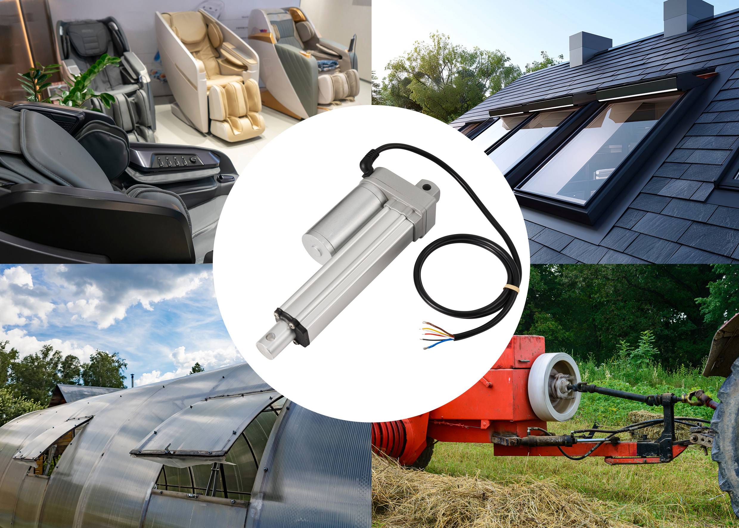 Un azionamento lineare elettrico è raffigurato centralmente su un cerchio bianco. Intorno al cerchio sono presenti immagini di poltrone massaggianti, una serra, un trattore e una finestra da tetto.