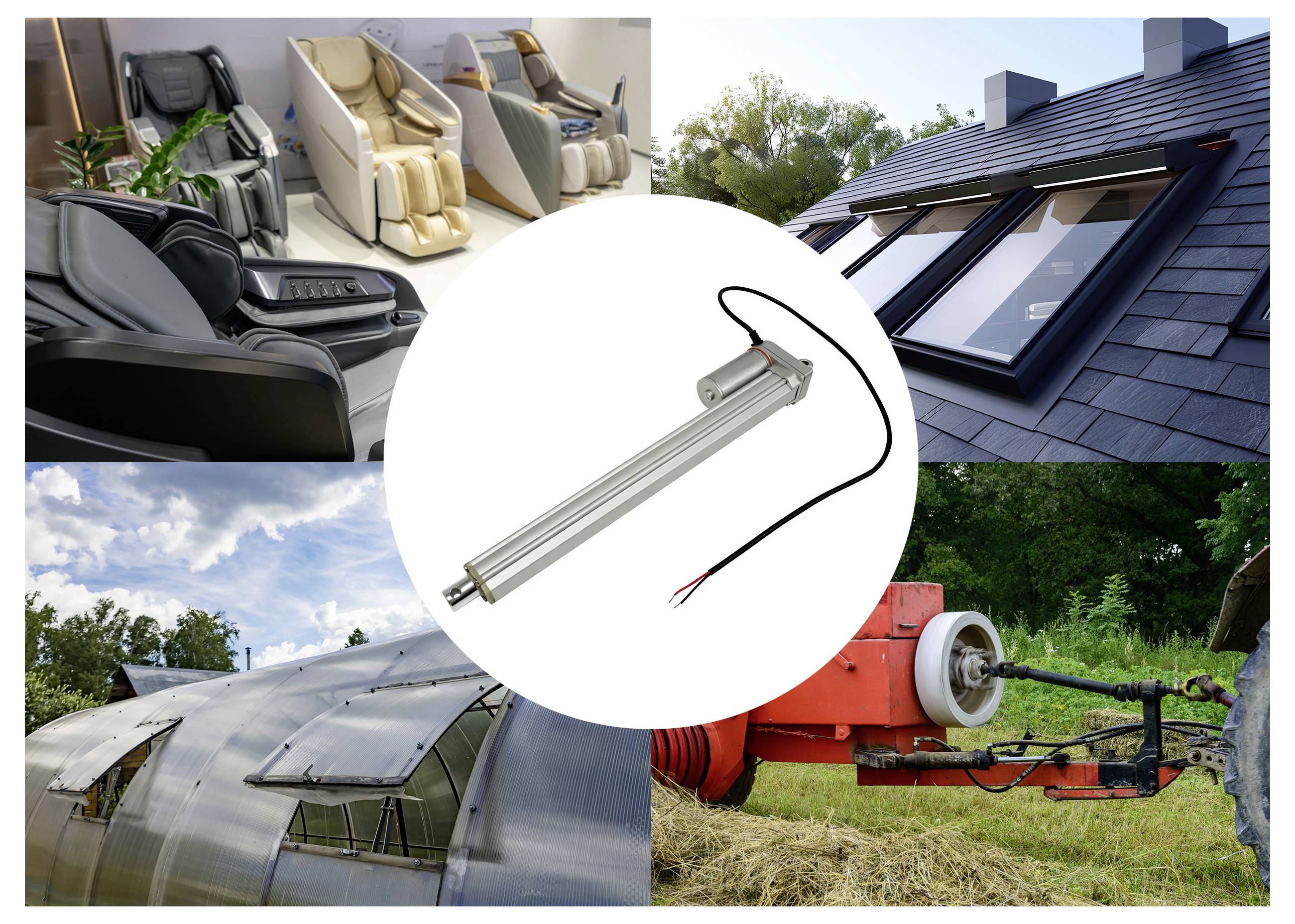 Collage che mostra un attuatore elettrico tubolare, con applicazioni in sedie massaggianti, finestre sul tetto, una ventola per serra e macchinari agricoli.