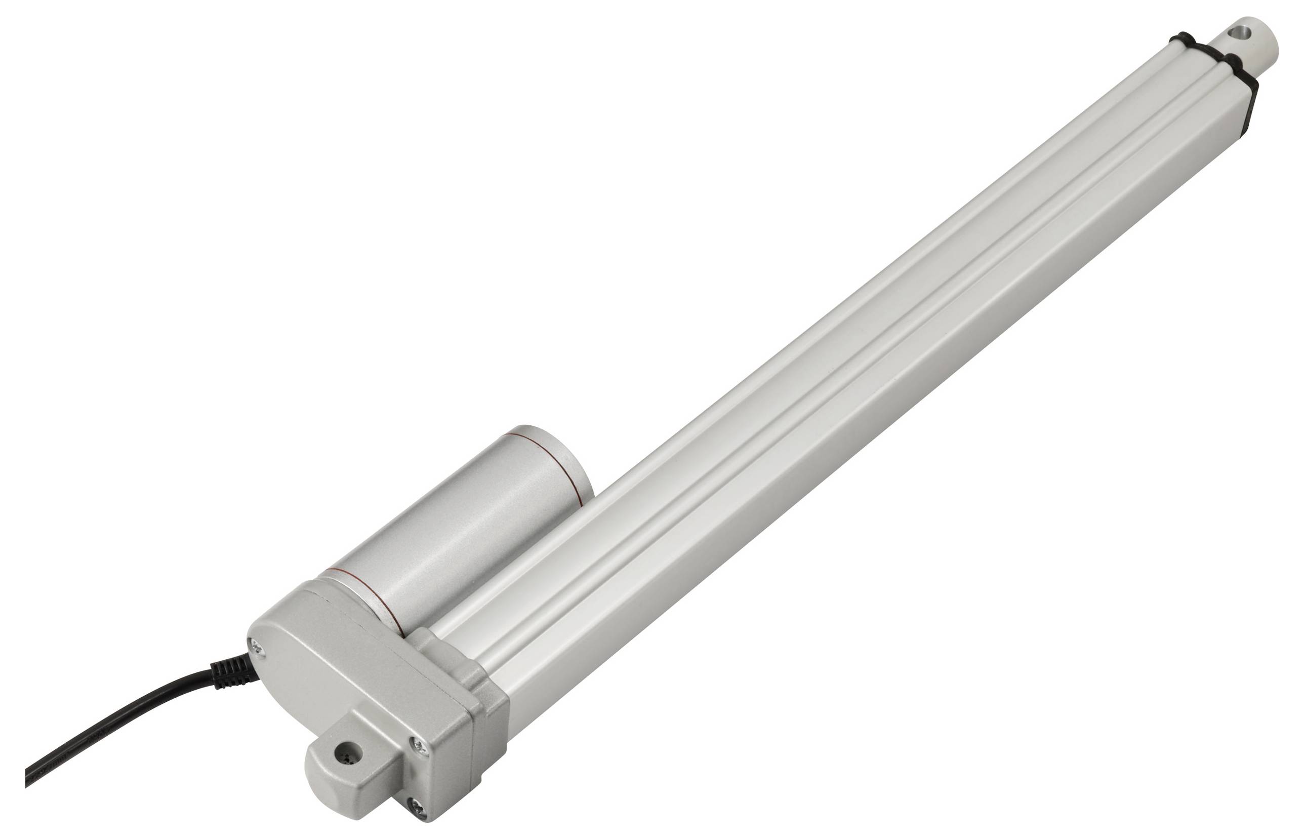 Attuatore lineare elettrico in argento, forma allungata con connessione cavi, idoneo per applicazioni con movimento lineare.