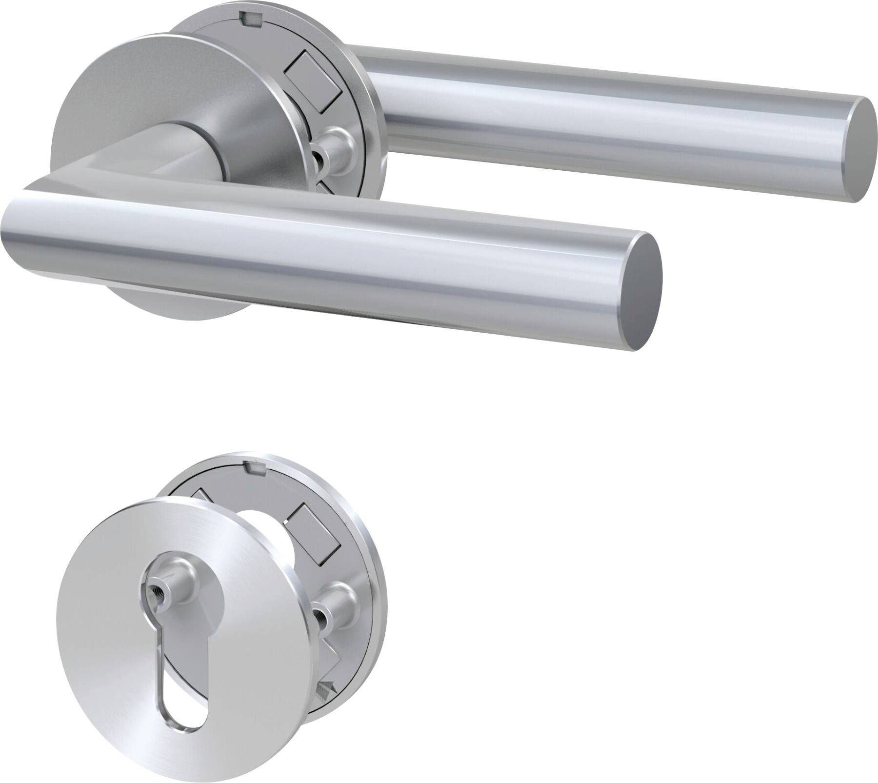 Set di maniglie per porta in acciaio inox con piastra di montaggio rotonda e copertura per foro della serratura separata.