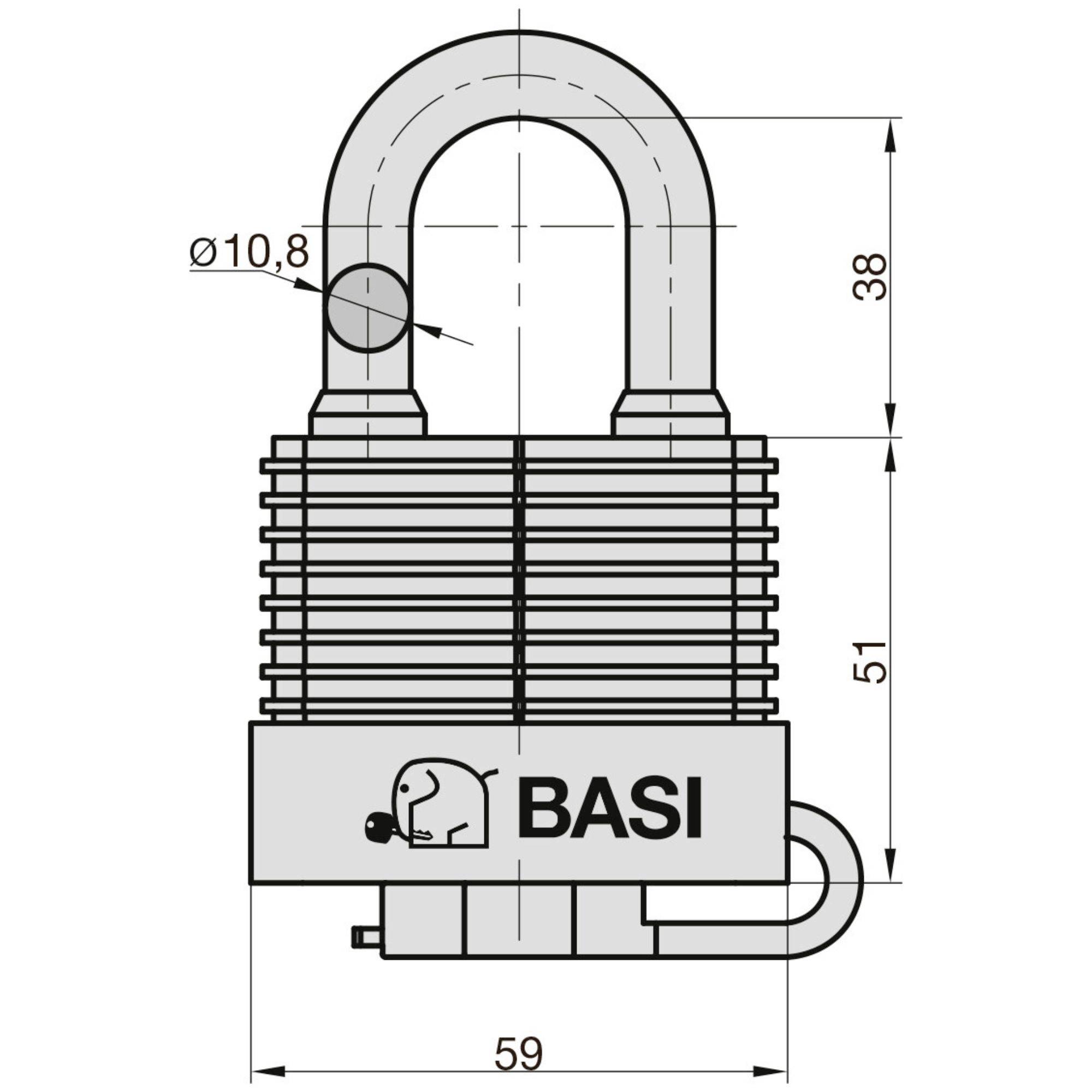 Disegno tecnico di un lucchetto. Misure: altezza del gancio 38 mm, altezza complessiva 51 mm, larghezza 59 mm. Nome del marchio 'BASI' visibile.
