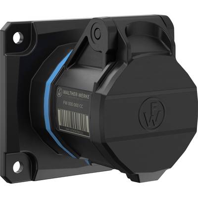Presa industriale nera con marcatura blu, da installare a parete; marchio 'Walther-Werke' visibile. Adatta per ambienti robusti.