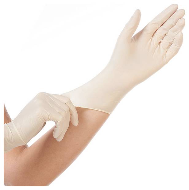 Una persona indossa un guanto monouso bianco.