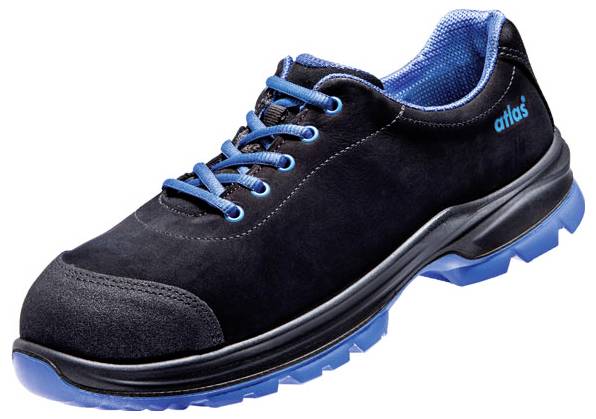 Scarpa antinfortunistica nera con lacci e suola blu; design robusto per applicazioni industriali.