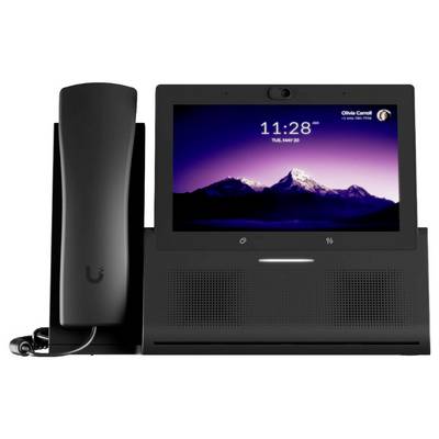Un telefono da tavolo moderno con un ampio display LED, che mostra ora e data. Sullo sfondo un'immagine di montagna al tramonto.