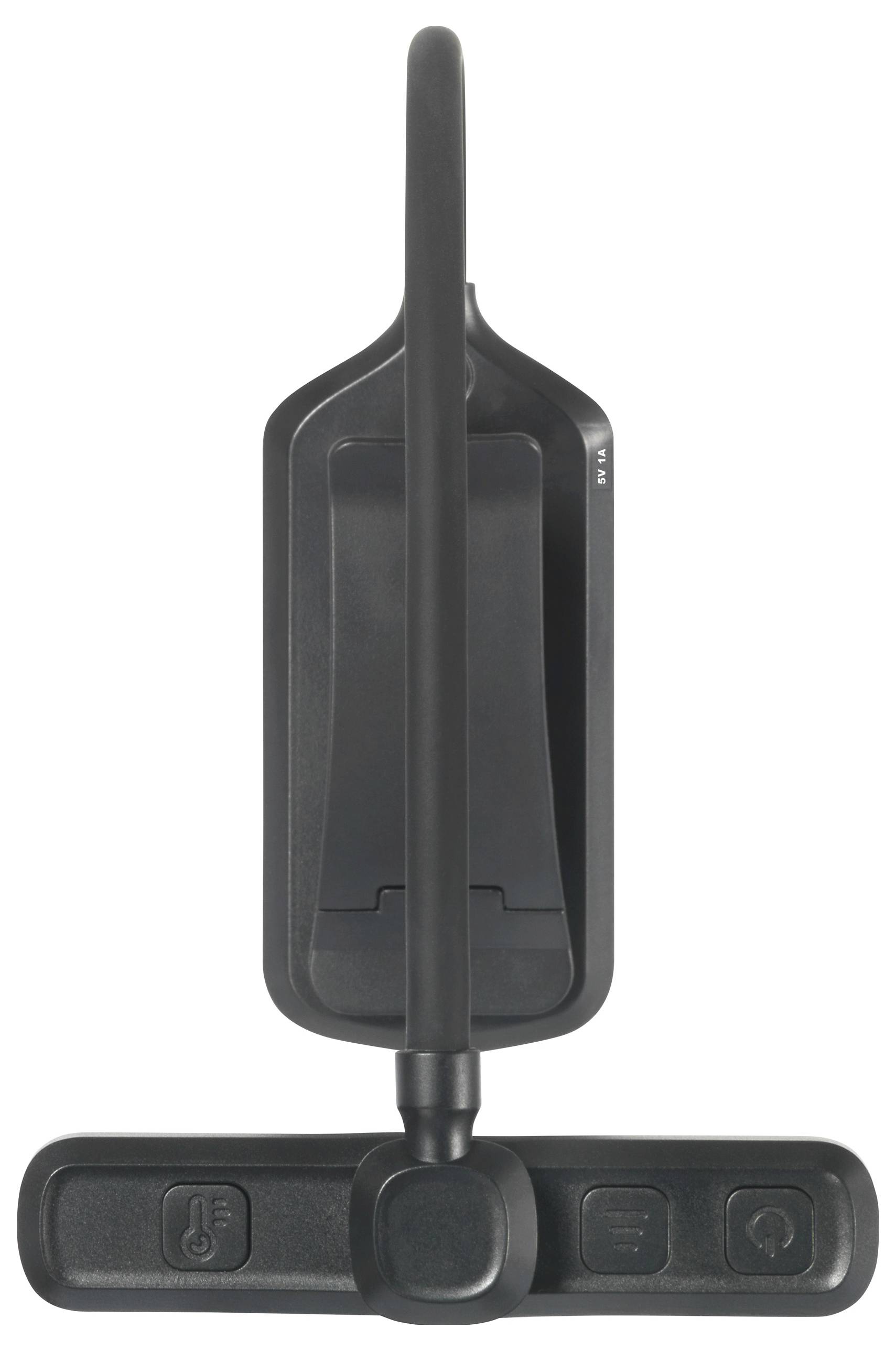 Maniglia per finestra nera con design allungato e tre pulsanti etichettati alla base.